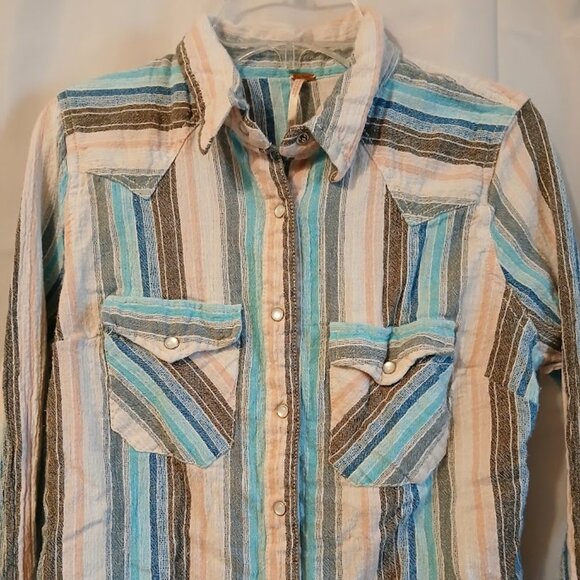 FREE PEOPLE Snap Up Shirt XS Blue Peach Gray Ivory Linen Blend Boho Long sleeve - Picture 3 of 11